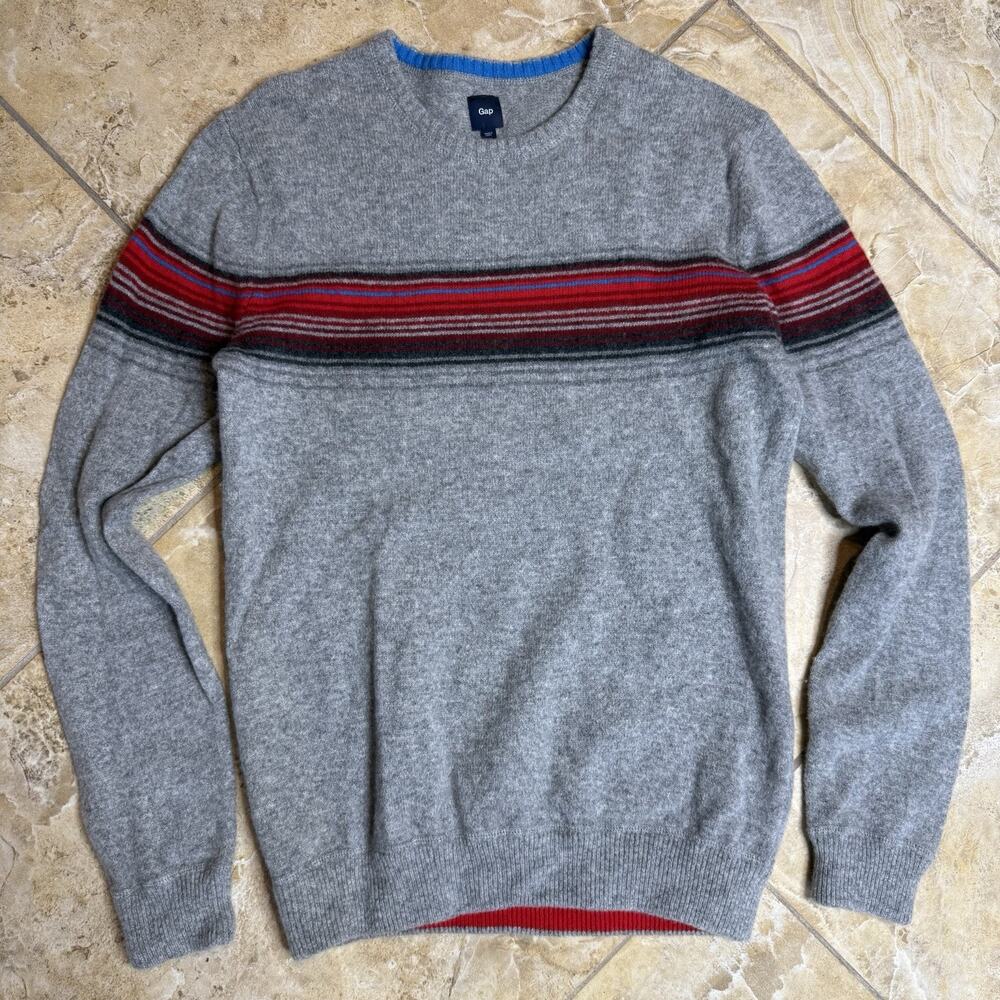 Gap Size L 100% Lambswool Sweater Gray Fair Isle Stripe Crewneck Mens